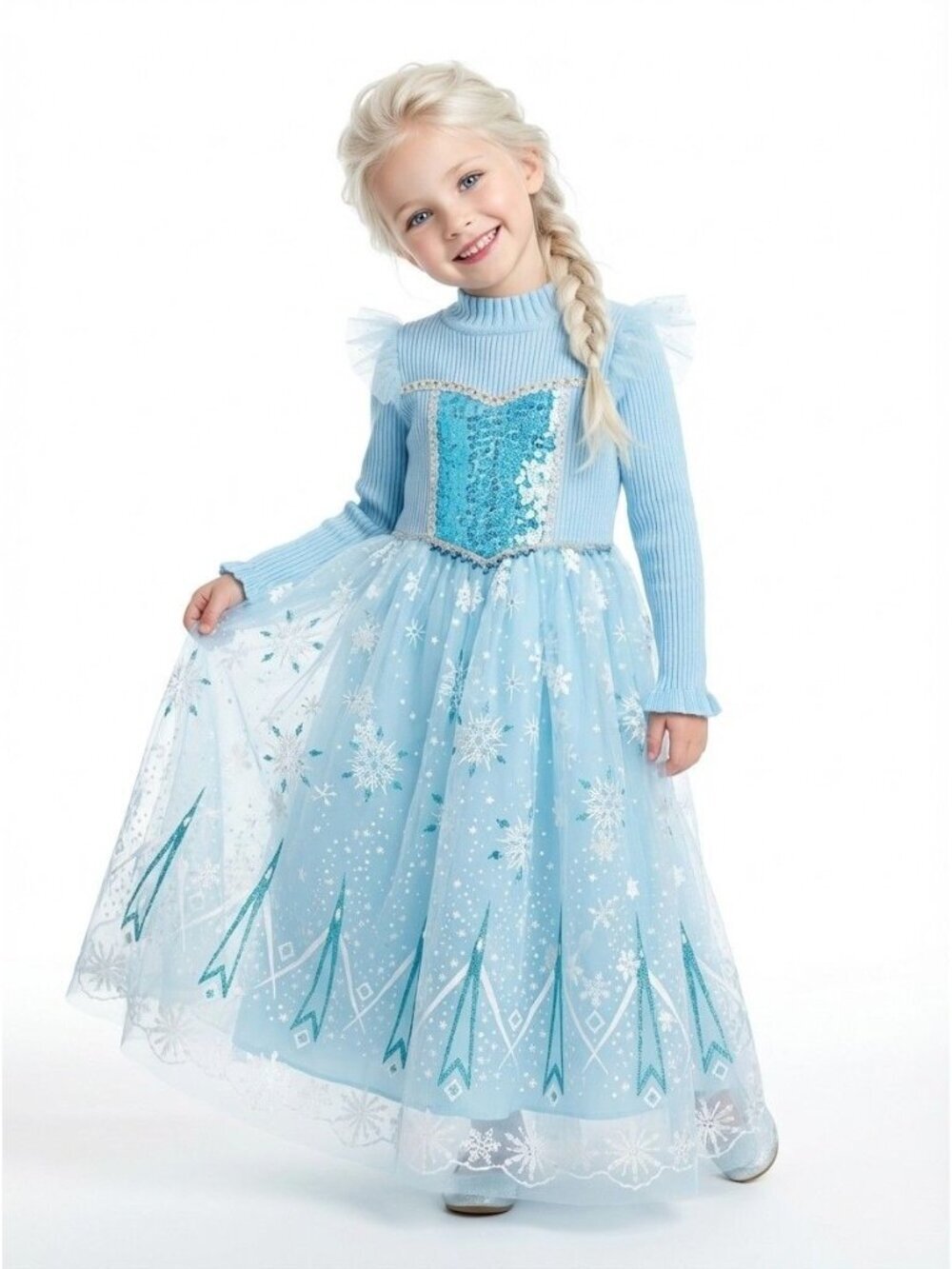 Girls Elsa Inspired Sweater Princess Dress Costume with Cape (Size 5)